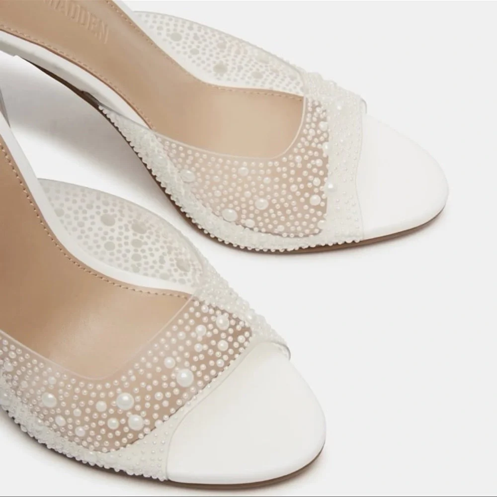 Steve Madden Peach PVC Open Toe White Pearl Embellished Heels
